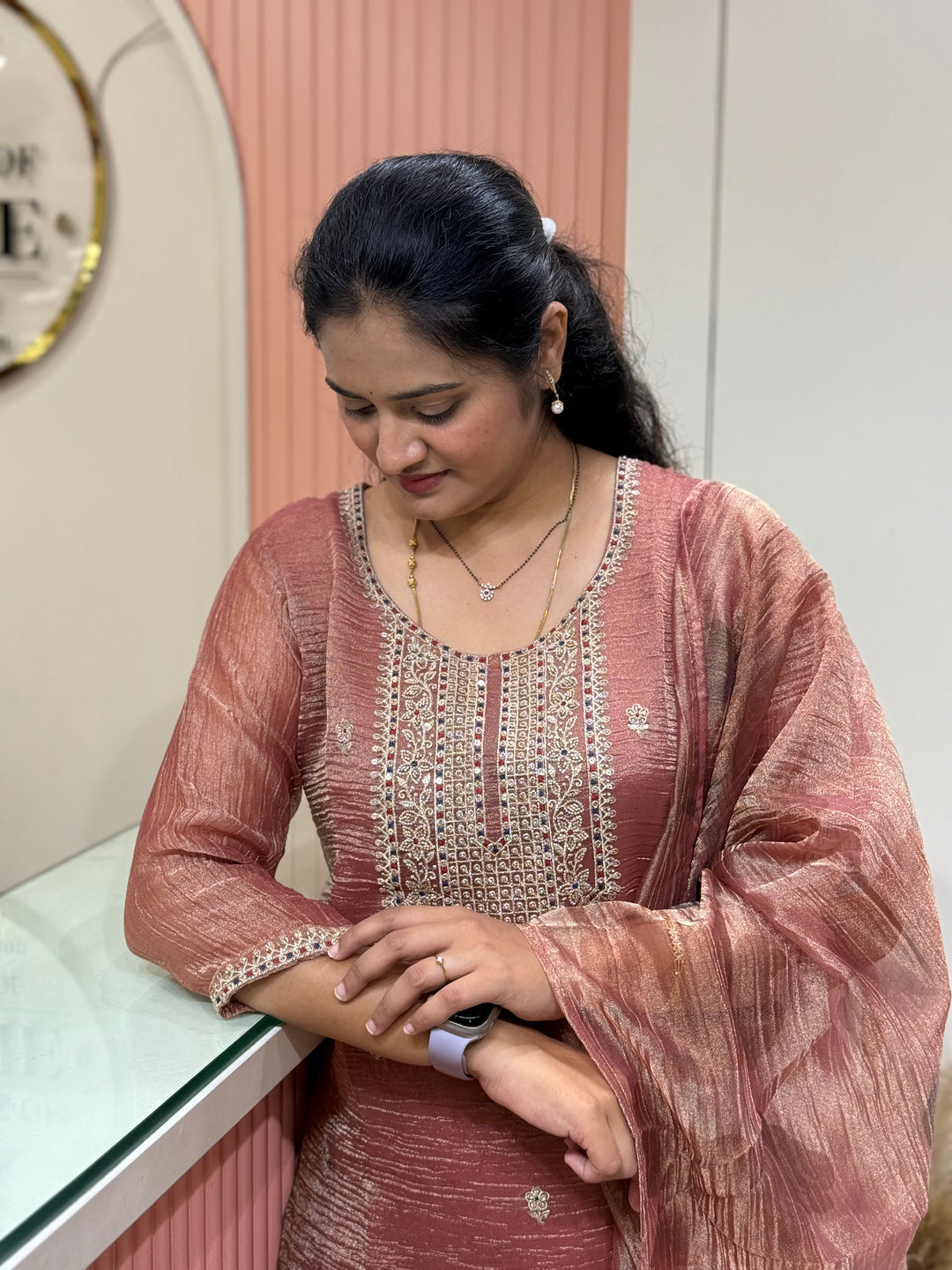 Shimmer Crush Tissue Fabric (salsa) with Handwork 𝗦𝘂𝗶𝘁 𝗔𝗿𝗿𝗶𝘃𝗲𝗱 | R148