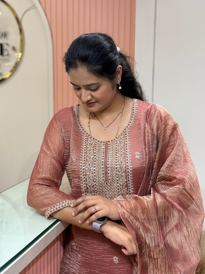 Shimmer Crush Tissue Fabric (salsa) with Handwork 𝗦𝘂𝗶𝘁 𝗔𝗿𝗿𝗶𝘃𝗲𝗱 | R148