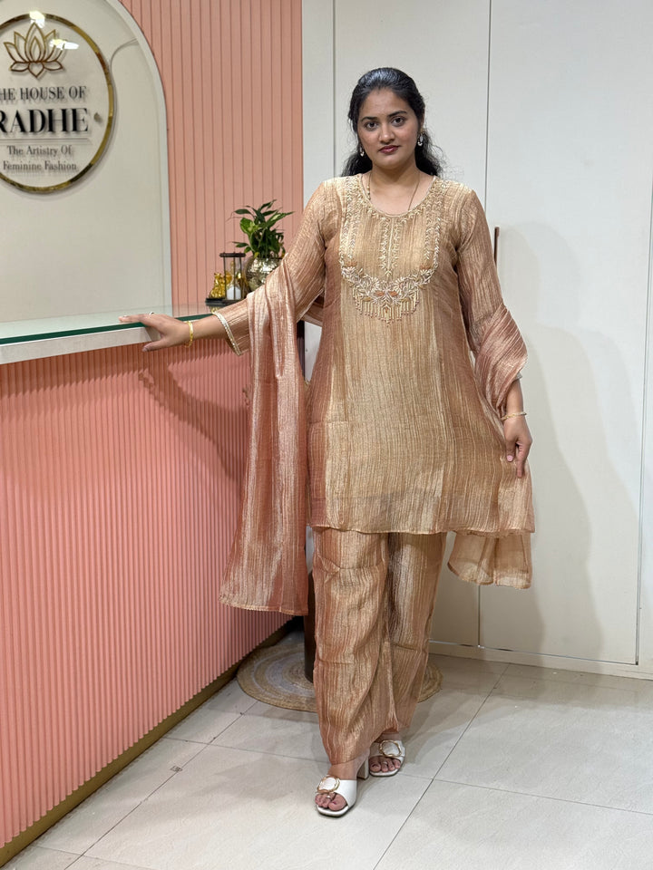 Premium Shimmer Crush Tissue Fabric (salsa) with Handwork 𝗦𝘂𝗶𝘁 𝗔𝗿𝗿𝗶𝘃𝗲𝗱 ( Cotton Lining )| R148