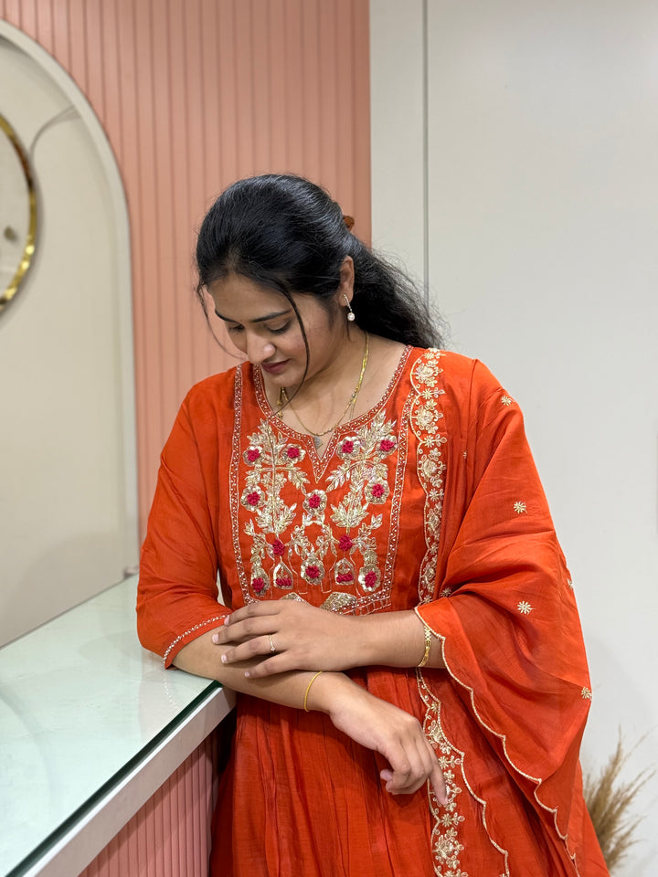 Premium Mul Chanderi Collection with Dupatta | Kali Pattern &amp; Handwork| R206
