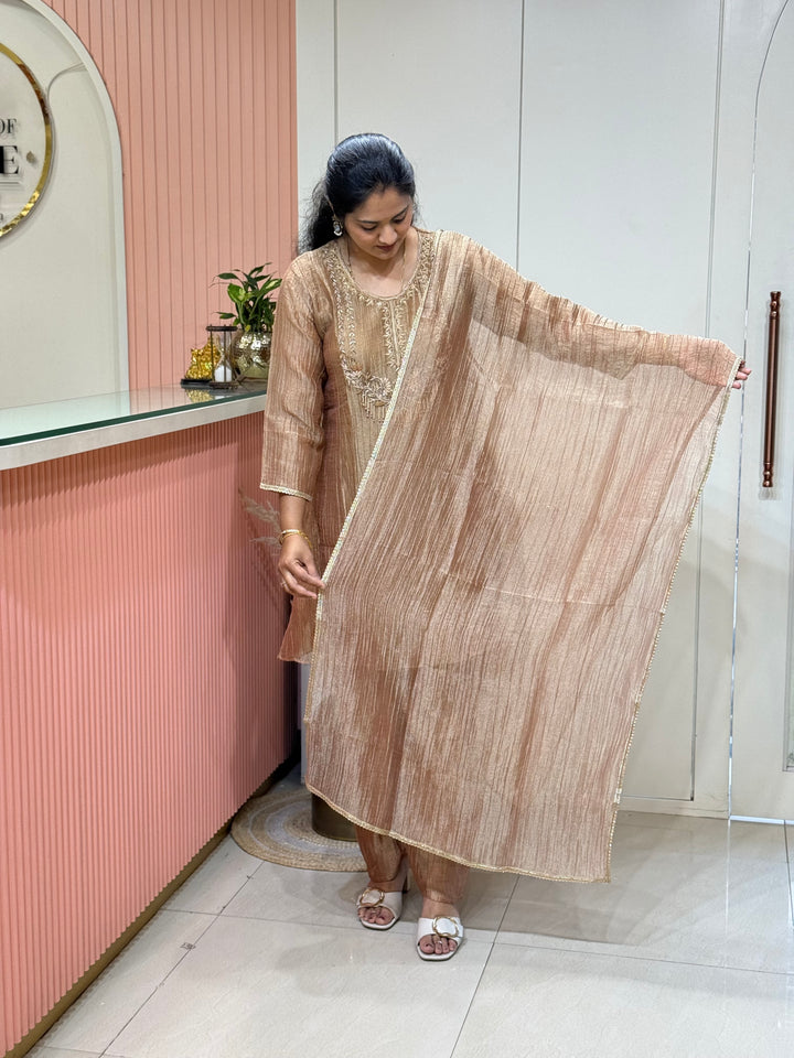 Premium Shimmer Crush Tissue Fabric (salsa) with Handwork 𝗦𝘂𝗶𝘁 𝗔𝗿𝗿𝗶𝘃𝗲𝗱 ( Cotton Lining )| R148