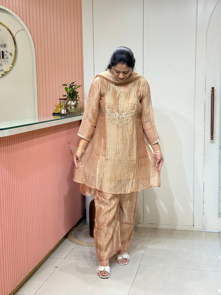 Premium Shimmer Crush Tissue Fabric (salsa) with Handwork 𝗦𝘂𝗶𝘁 𝗔𝗿𝗿𝗶𝘃𝗲𝗱 ( Cotton Lining )| R148