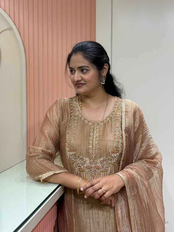 Premium Shimmer Crush Tissue Fabric (salsa) with Handwork 𝗦𝘂𝗶𝘁 𝗔𝗿𝗿𝗶𝘃𝗲𝗱 ( Cotton Lining )| R148