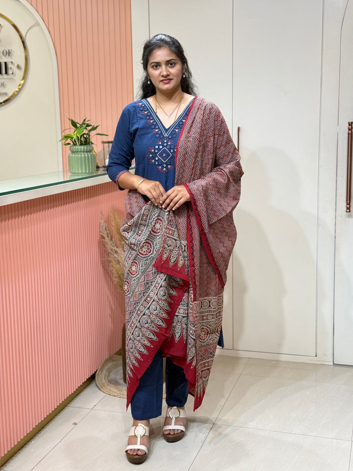 Cotton Collection with Real Mirror Work (Ajrakh Print Dupatta) | R210