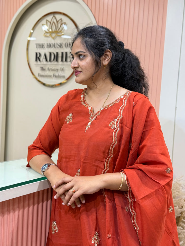 S Mul Chanderi 3 Pc Kurta Set | Semi Party Wear (New Arrivals )with Cotton Lining | R138