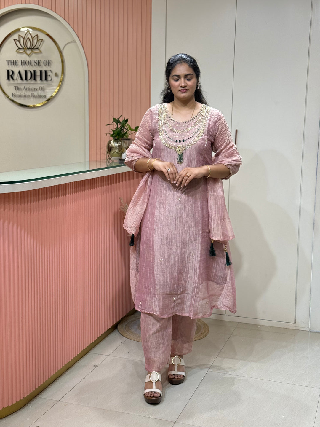 Shimmer Crush Tissue Fabric (salsa) with Jewellery-Style Neck Handwork 𝗦𝘂𝗶𝘁 𝗔𝗿𝗿𝗶𝘃𝗲𝗱 | R148