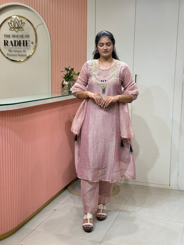 Shimmer Crush Tissue Fabric (salsa) with Jewellery-Style Neck Handwork 𝗦𝘂𝗶𝘁 𝗔𝗿𝗿𝗶𝘃𝗲𝗱 | R148