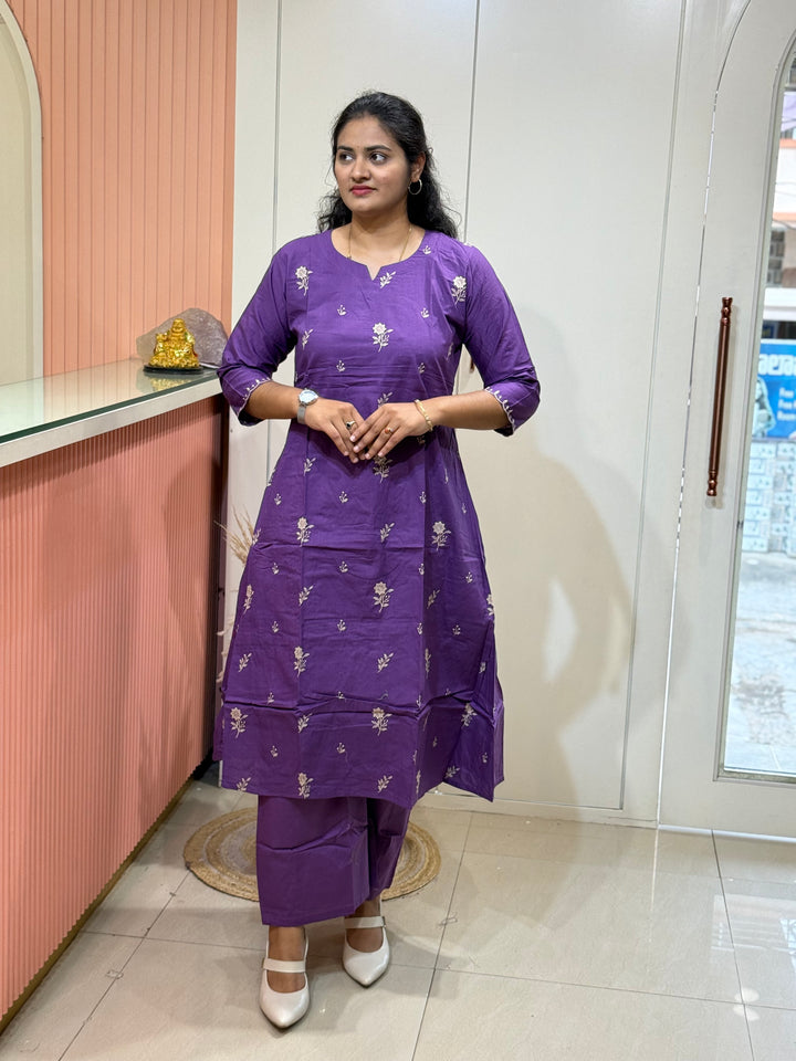 Cotton A-Line 2 Pc Kurta Set – Embroidered Collection | R137