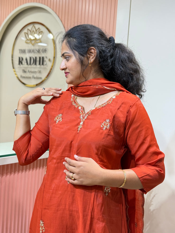 S Mul Chanderi 3 Pc Kurta Set | Semi Party Wear (New Arrivals )with Cotton Lining | R138