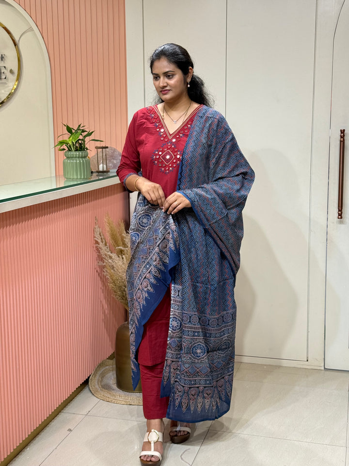 Cotton Collection with Real Mirror Work (Ajrakh Print Dupatta) | R210