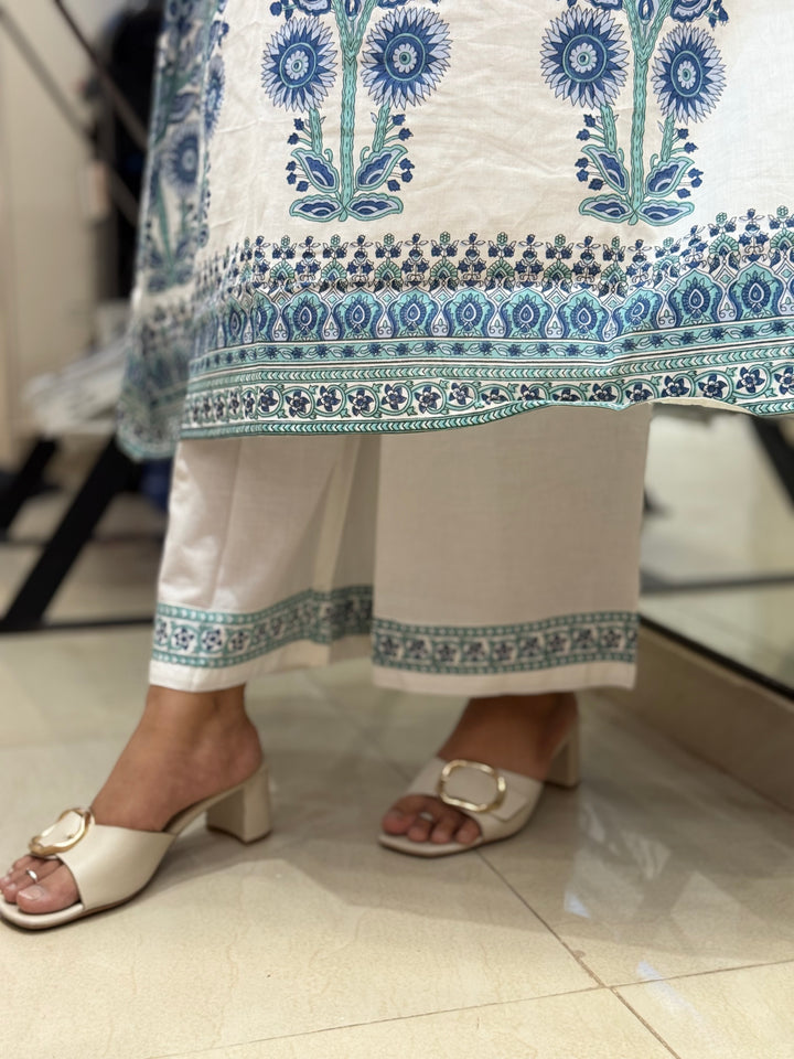 Premium Floral Print A-Line Cotton Set In White | R188