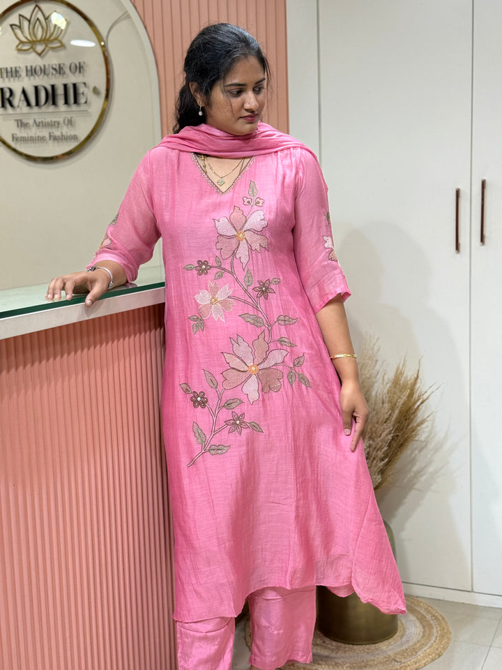 Pure Banarasi Mul Chanderi 3 Pcs Kurti set and Hand Embroidery work| R218
