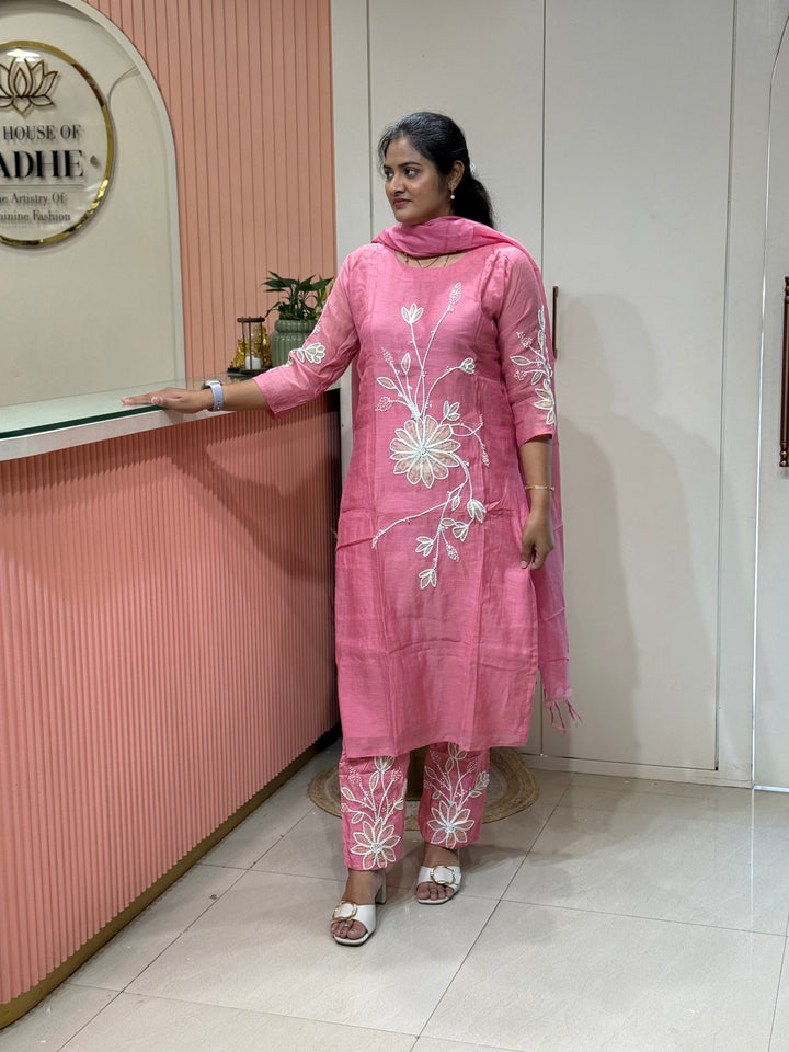 Pure Banarasi Mul Chanderi 3 Pcs Kurti set and Hand Embroidery work| R218