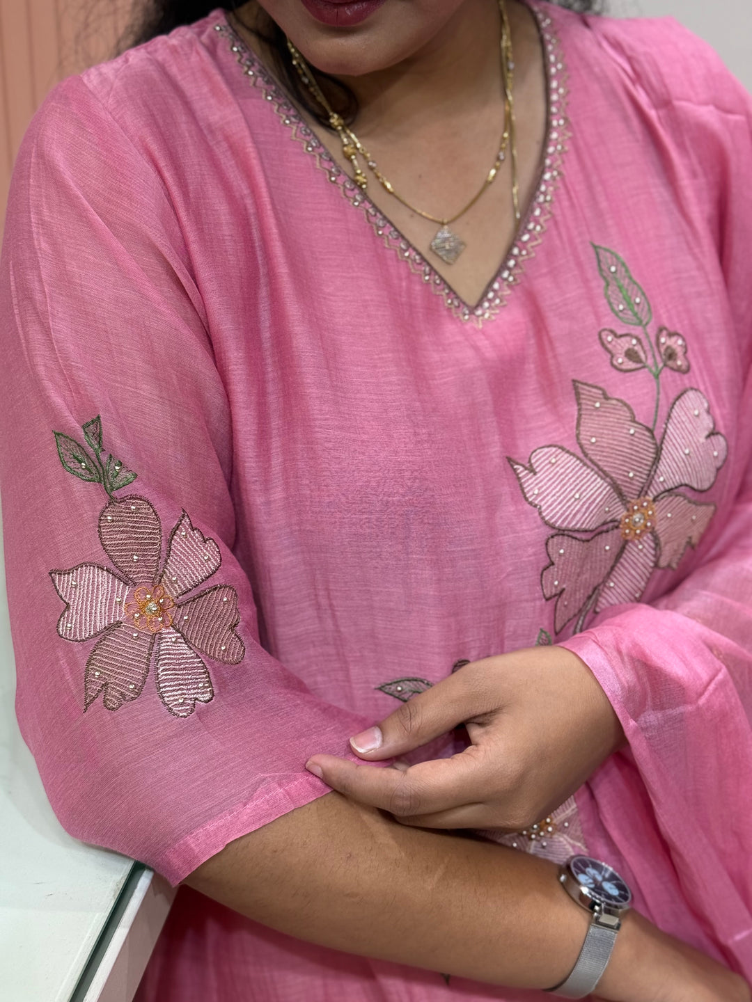 Pure Banarasi Mul Chanderi 3 Pcs Kurti set and Hand Embroidery work| R218