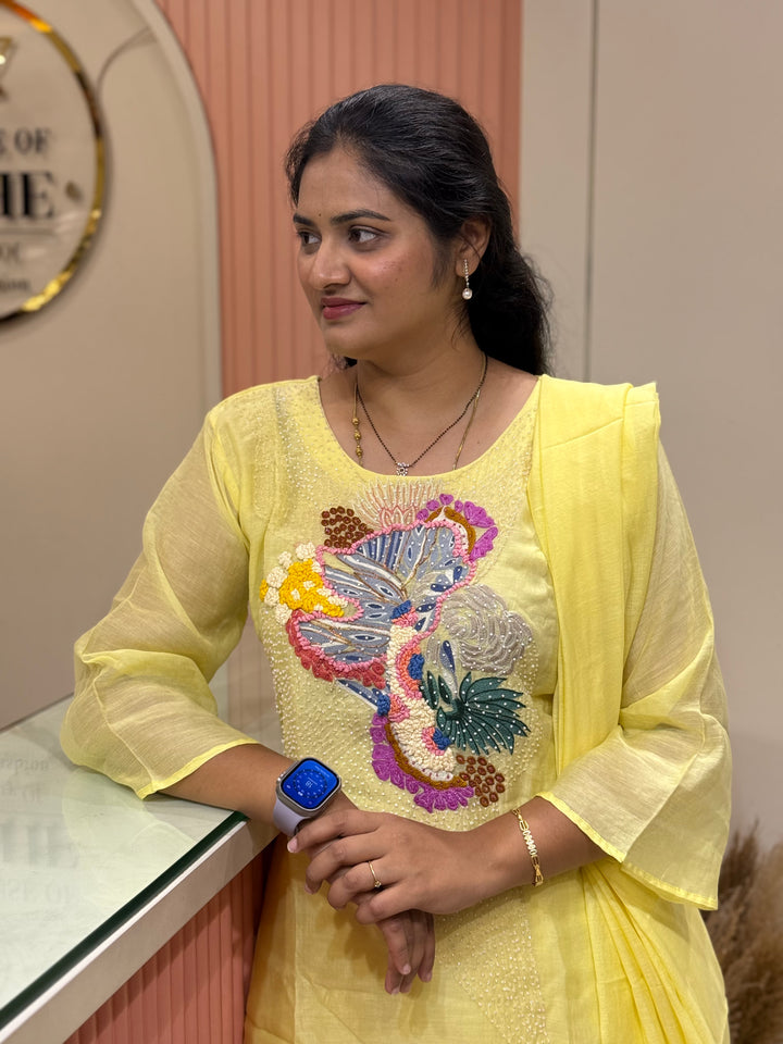 Pure Banarasi Mul Chanderi 3 Pcs Kurti set and Hand Embroidery work| R218