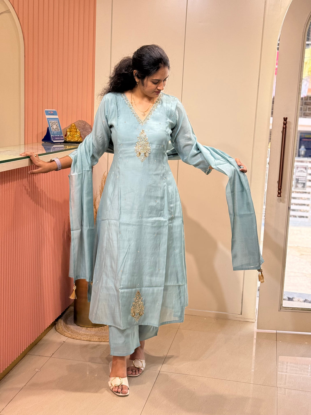 Mul Chanderi Silk 3 Pc Kurta Set | Party Wear| R138