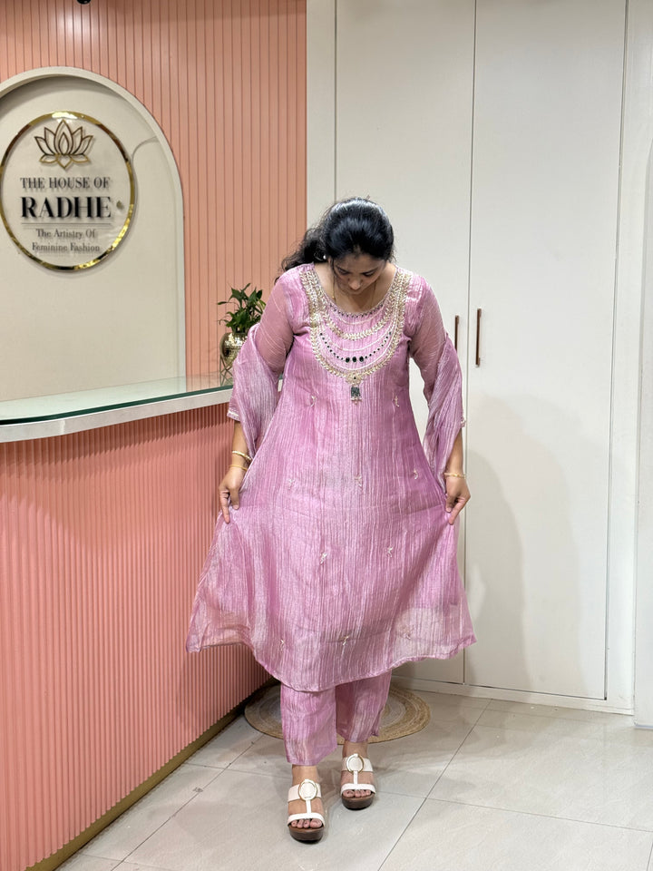 Shimmer Crush Tissue Fabric (salsa) with Jewellery-Style Neck Handwork 𝗦𝘂𝗶𝘁 𝗔𝗿𝗿𝗶𝘃𝗲𝗱 | R148