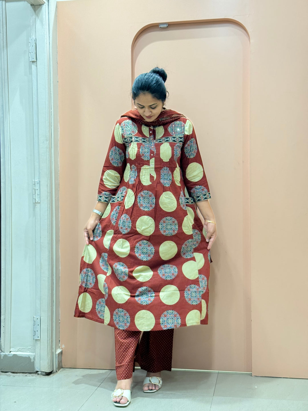 Pure 60-60 Cotton 3 Pc Collection With Polka Dot Palazzo| R182