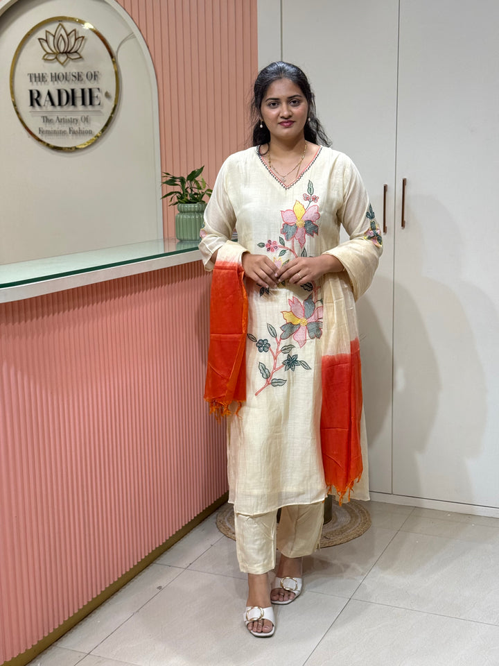 Pure Banarasi Mul Chanderi 3 Pcs Kurti set and Hand Embroidery work| R218