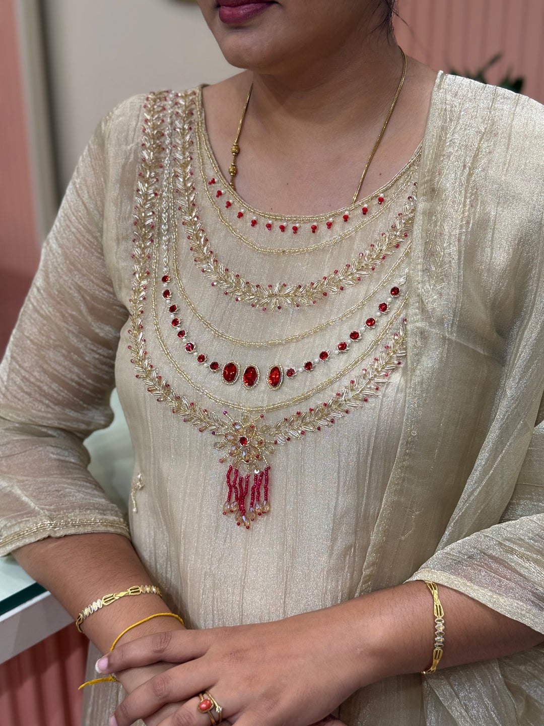 Shimmer Crush Tissue Fabric (salsa) with Jewellery-Style Neck Handwork 𝗦𝘂𝗶𝘁 𝗔𝗿𝗿𝗶𝘃𝗲𝗱 | R148