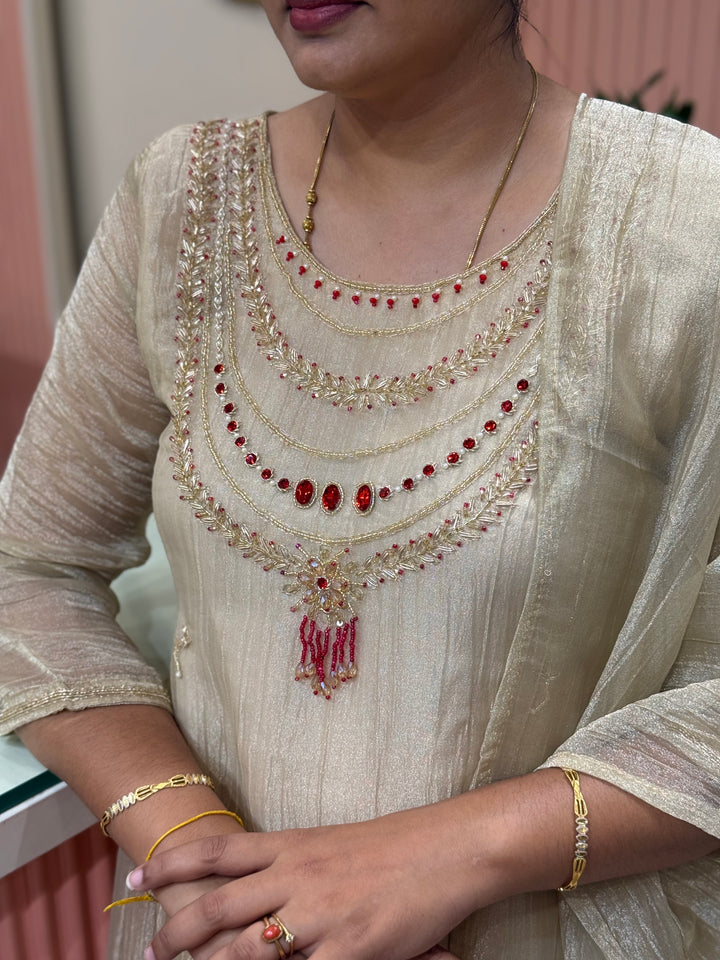Shimmer Crush Tissue Fabric (salsa) with Jewellery-Style Neck Handwork 𝗦𝘂𝗶𝘁 𝗔𝗿𝗿𝗶𝘃𝗲𝗱 | R148