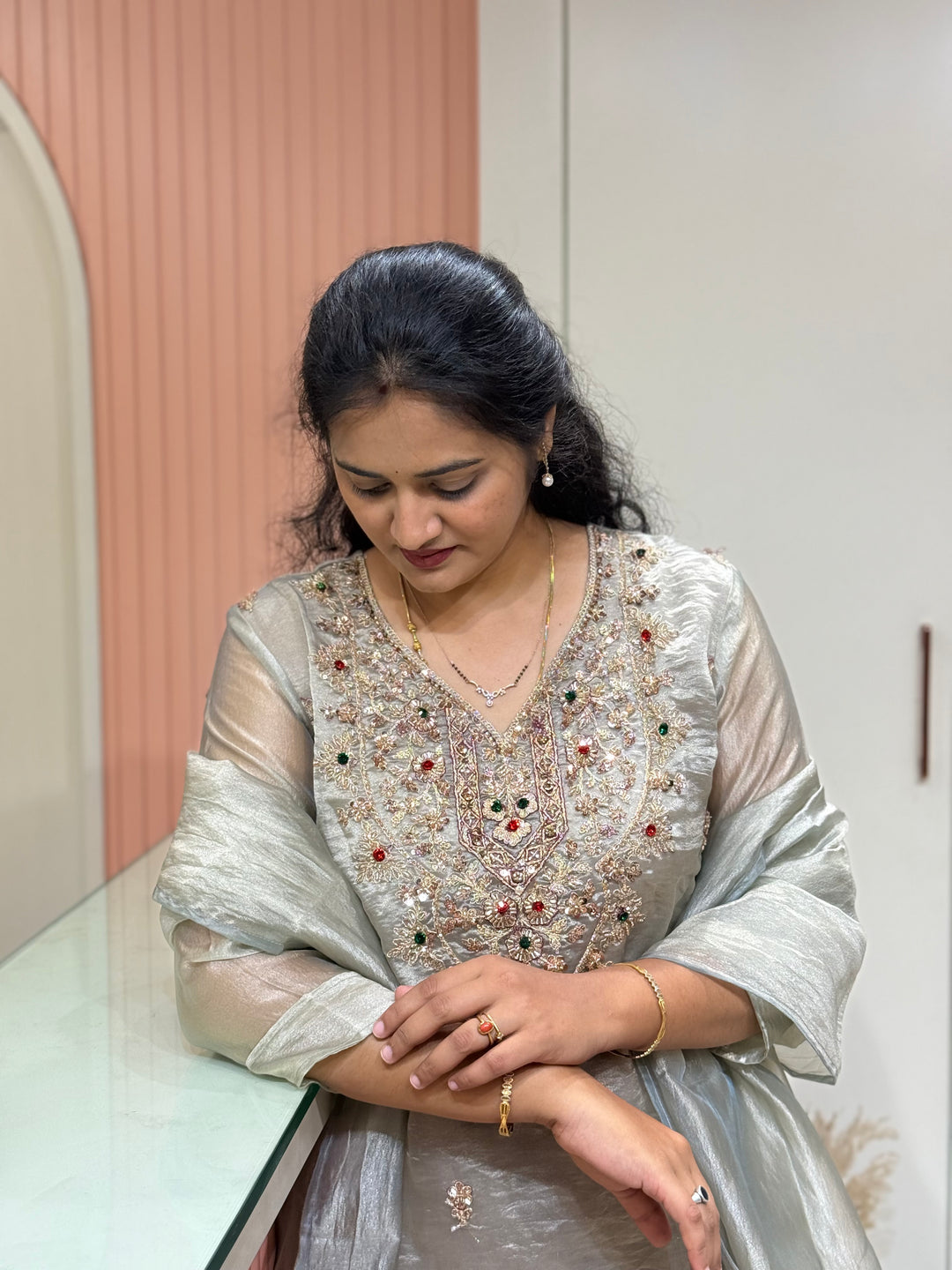 Premium Shimmer Crush Tissue 3pcs kurta set | R228