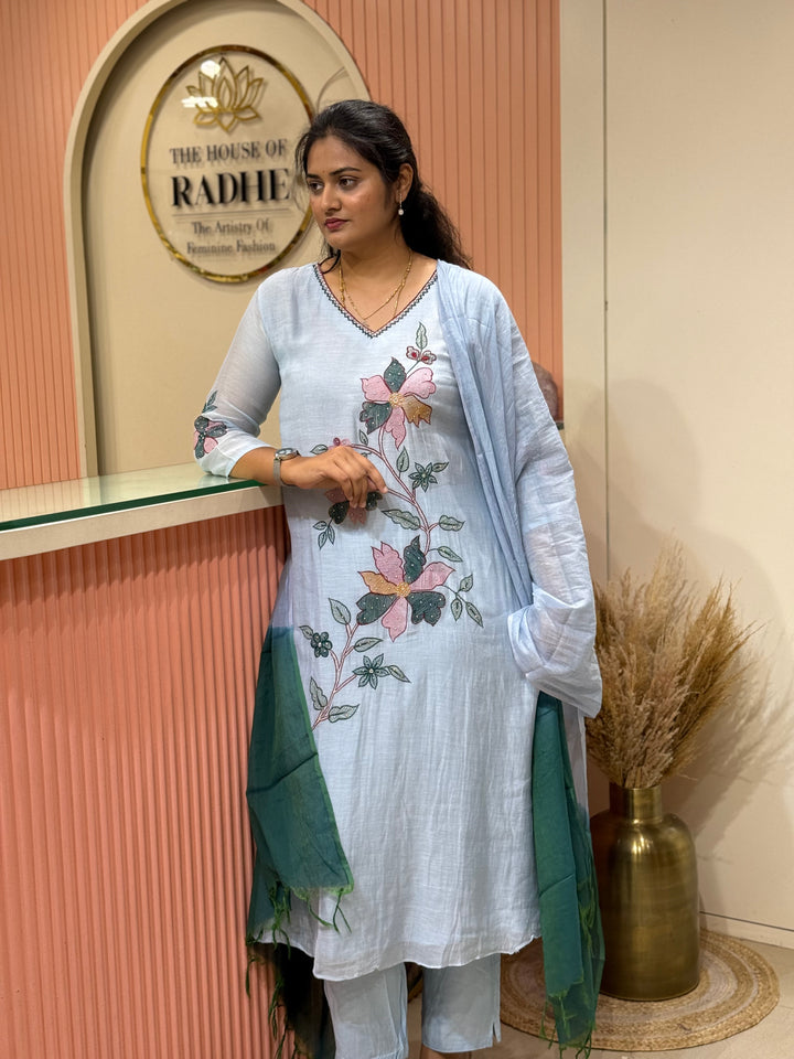 Pure Banarasi Mul Chanderi 3 Pcs Kurti set and Hand Embroidery work| R218