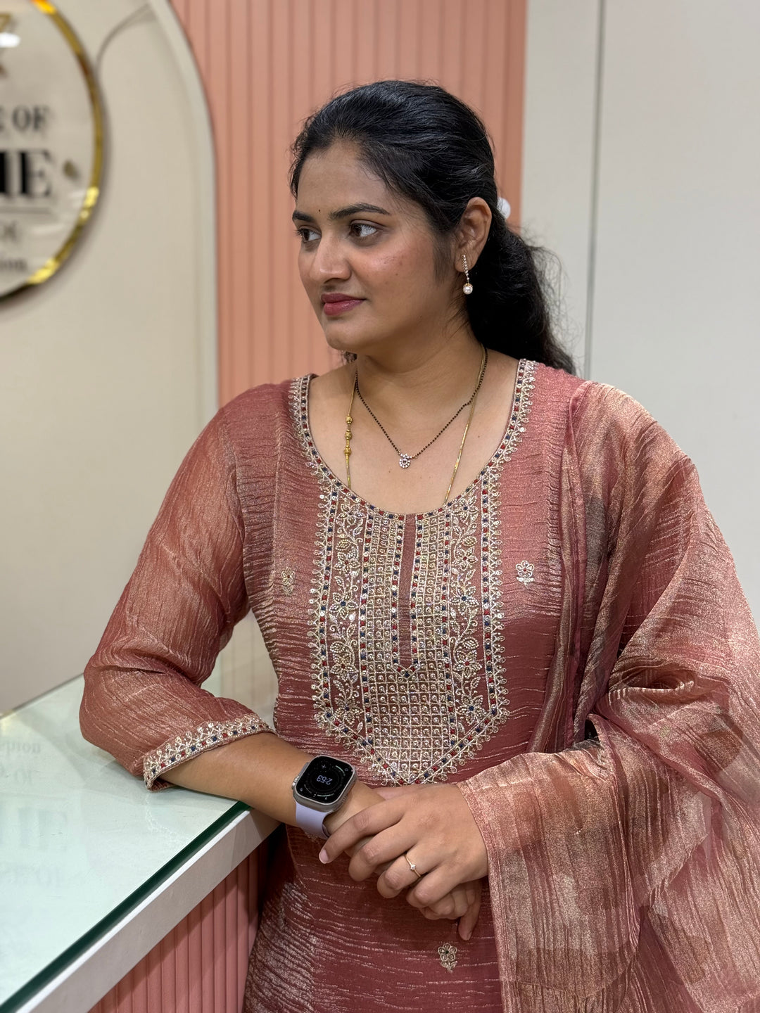 Shimmer Crush Tissue Fabric (salsa) with Handwork 𝗦𝘂𝗶𝘁 𝗔𝗿𝗿𝗶𝘃𝗲𝗱 | R148