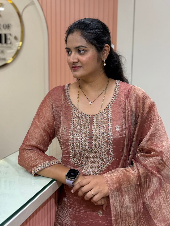Shimmer Crush Tissue Fabric (salsa) with Handwork 𝗦𝘂𝗶𝘁 𝗔𝗿𝗿𝗶𝘃𝗲𝗱 | R148