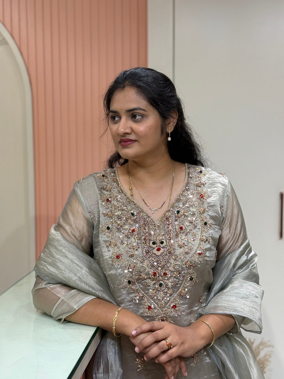 Premium Shimmer Crush Tissue 3pcs kurta set | R228
