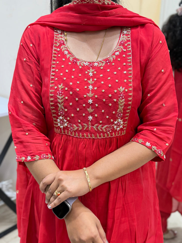 S Mul Chanderi 3 pcs Kurta Semi Party Wear(New Arrivals)| R202