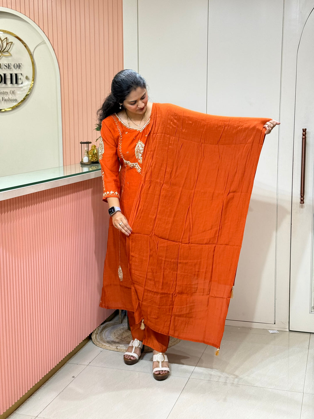 Coral Mul Chanderi with Cut Dana Work | R206