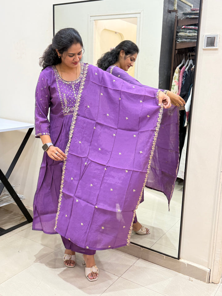 S Mul Chanderi 3 pcs Kurta Semi Party Wear(New Arrivals)| R202