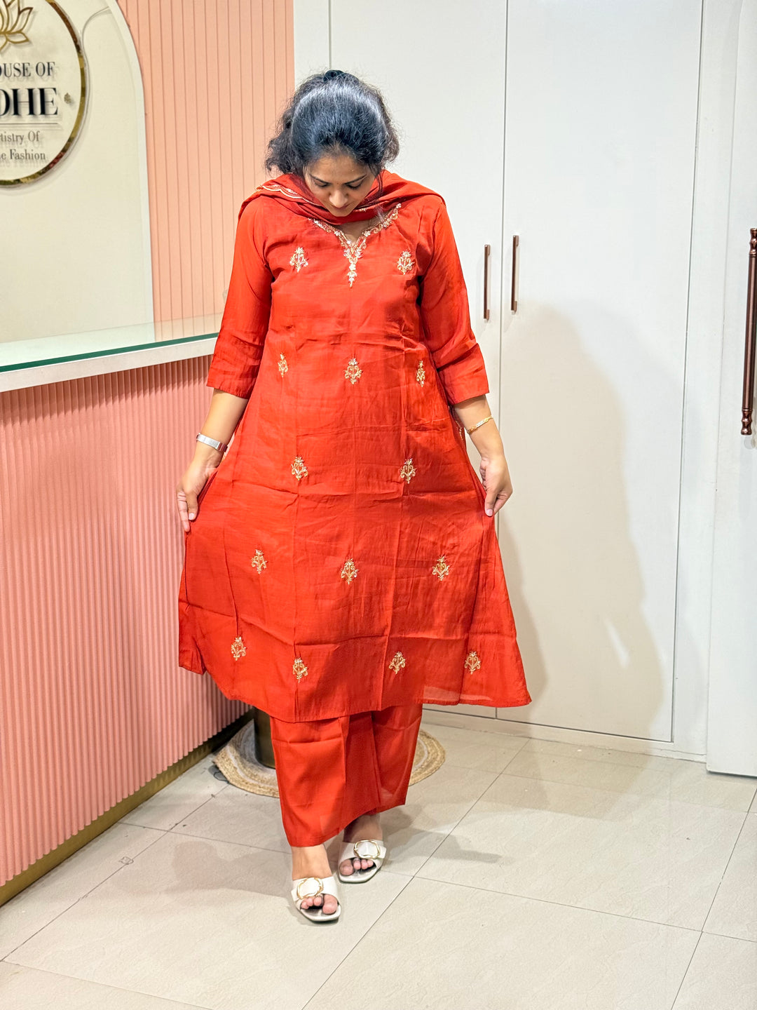S Mul Chanderi 3 Pc Kurta Set | Semi Party Wear (New Arrivals )with Cotton Lining | R138