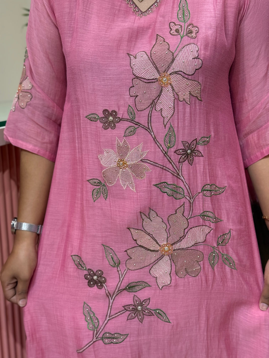 Pure Banarasi Mul Chanderi 3 Pcs Kurti set and Hand Embroidery work| R218