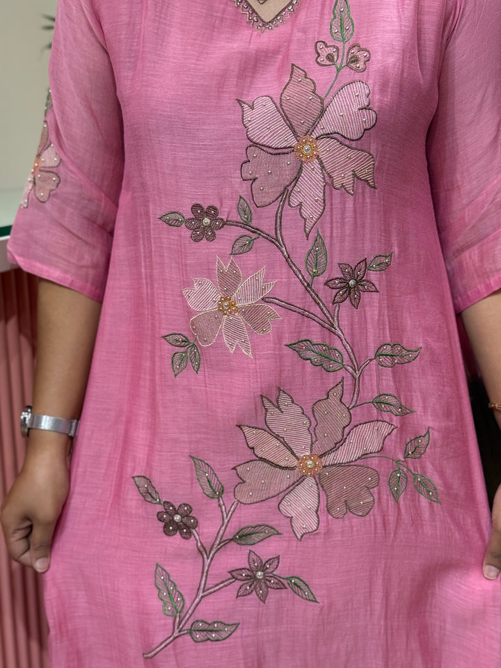 Pure Banarasi Mul Chanderi 3 Pcs Kurti set and Hand Embroidery work| R218