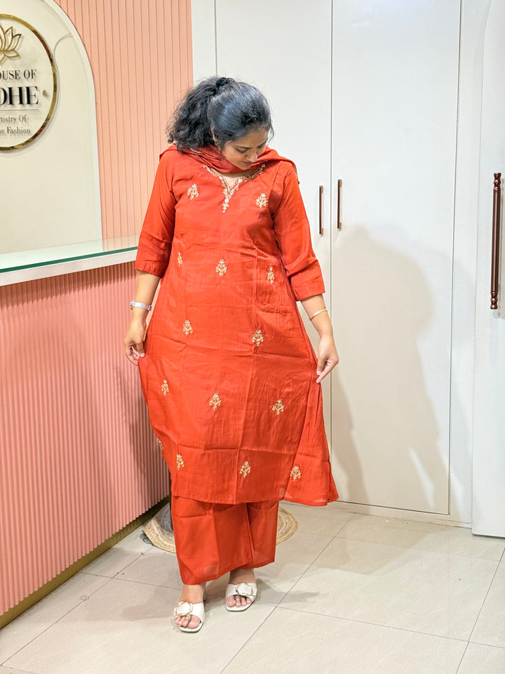S Mul Chanderi 3 Pc Kurta Set | Semi Party Wear (New Arrivals )with Cotton Lining | R138