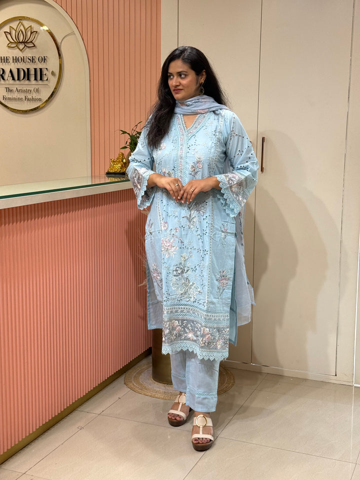 Premium Designer Schiffli 3-Piece Set with Kota Doria Dupatta | R221