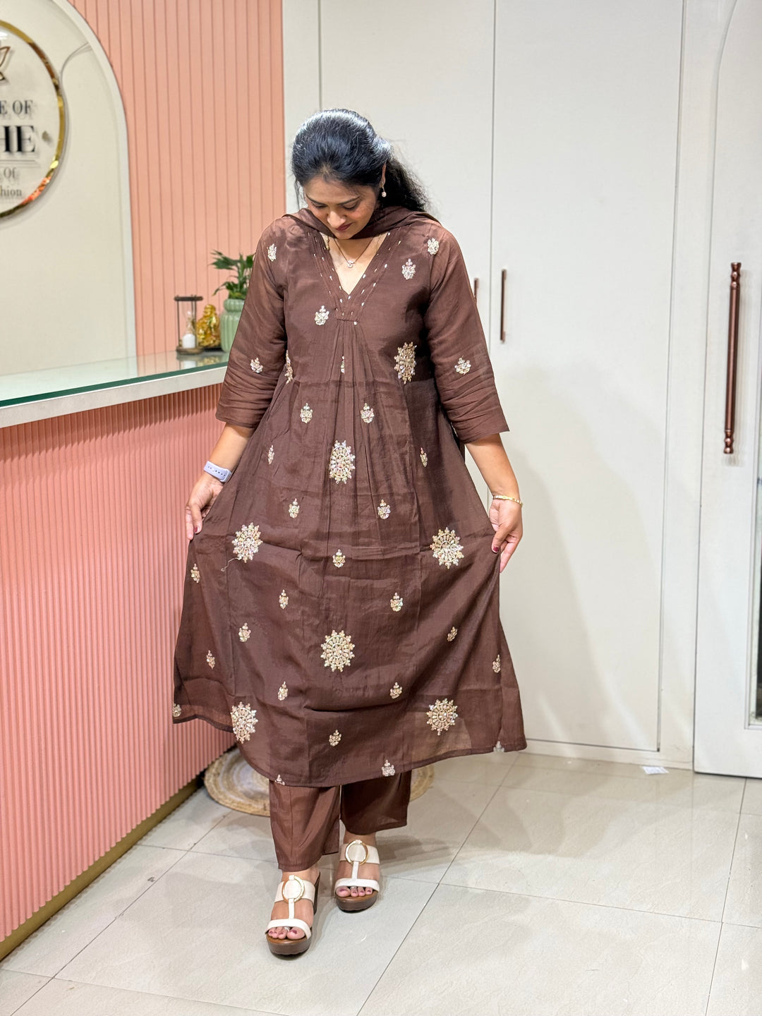 Coral Mul Chanderi Collection Semi Party Wear (Cut Dana &amp; bead Work) A -Line Pattern | R214