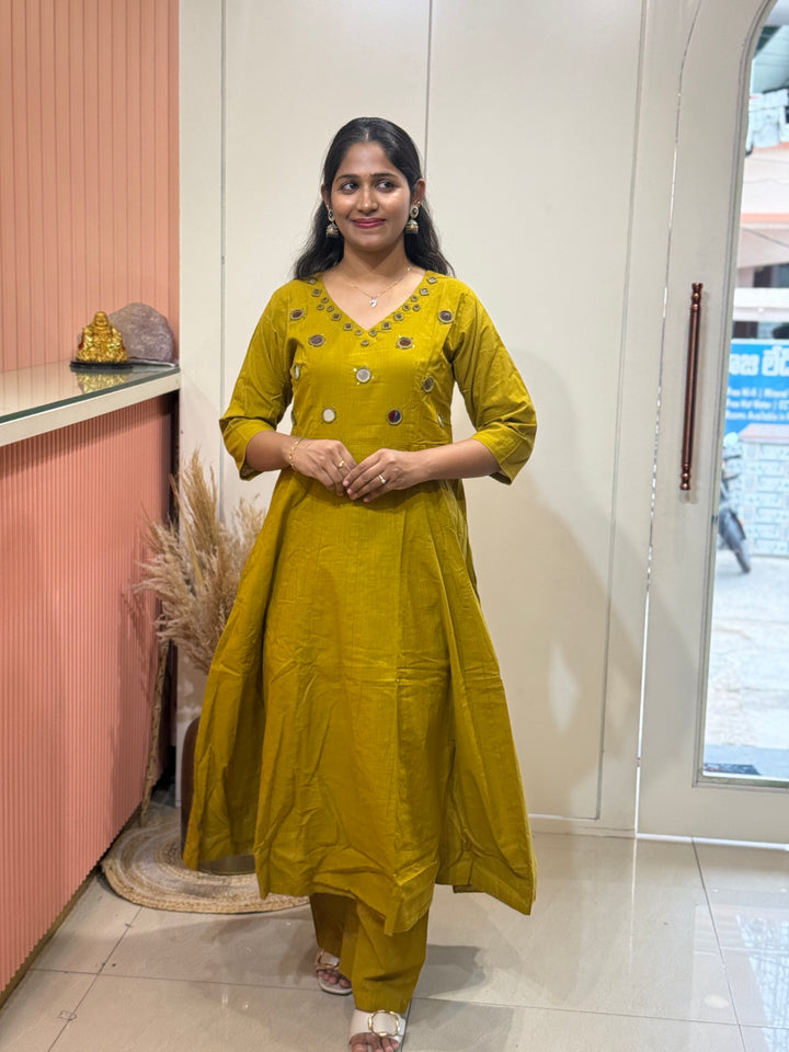 Pure Cotton Kali Pattern 2 Piece Set With Plazo Pant &amp; Real Mirror Work | R186