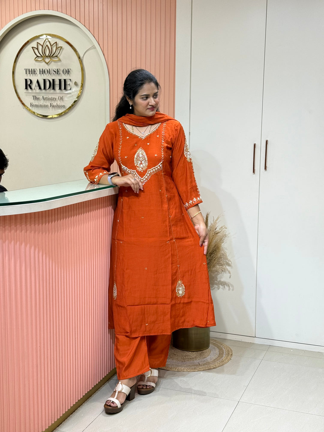 Coral Mul Chanderi with Cut Dana Work | R206