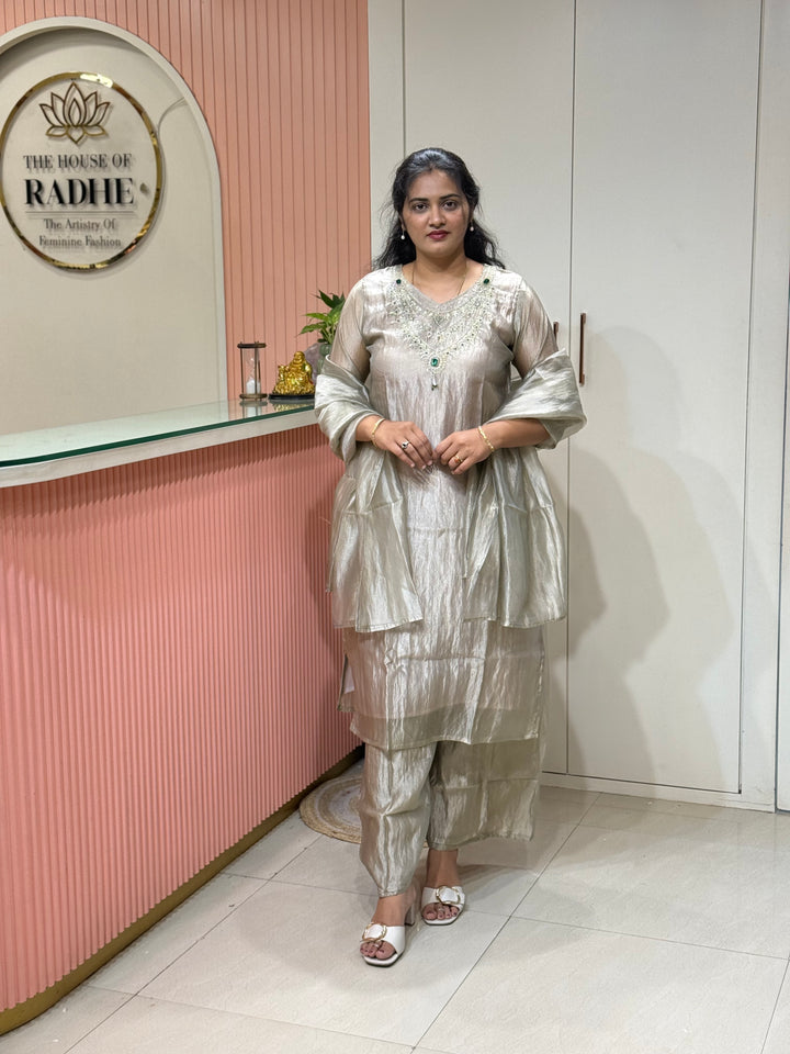 Premium Shimmer Crush Tissue Fabric with Handwork 𝗦𝘂𝗶𝘁 𝗔𝗿𝗿𝗶𝘃𝗲𝗱 ( Cotton Lining )| R228