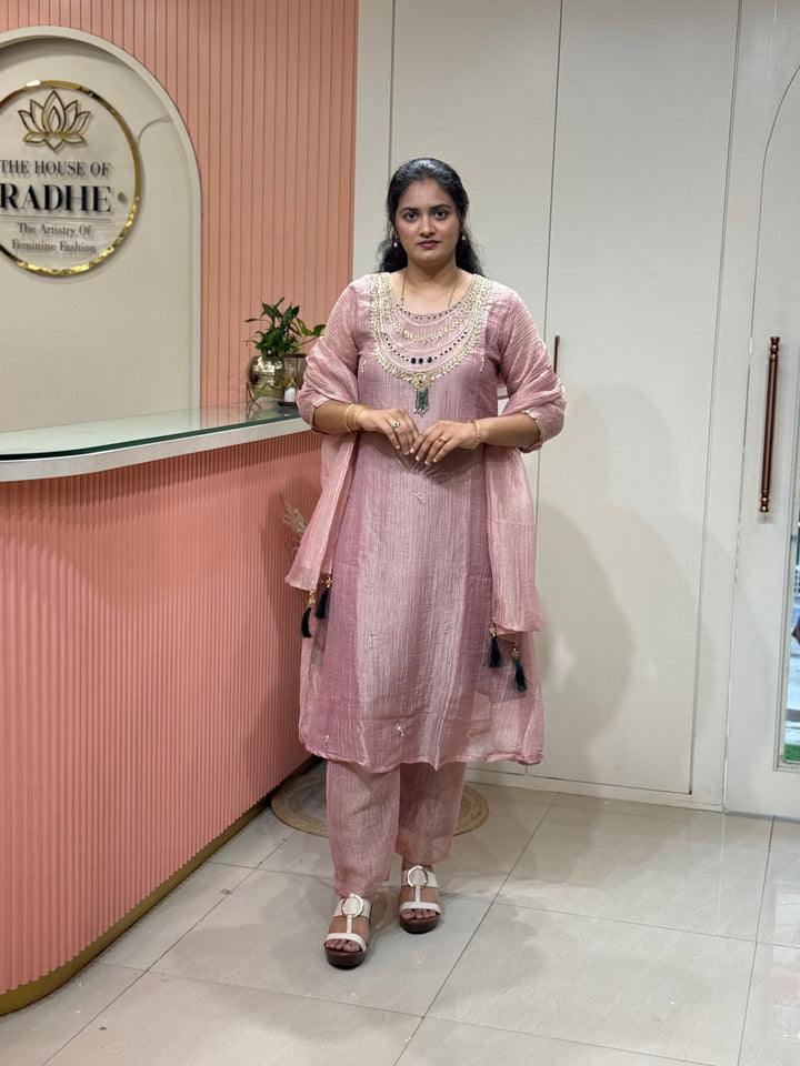 Shimmer Crush Tissue Fabric (salsa) with Jewellery-Style Neck Handwork 𝗦𝘂𝗶𝘁 𝗔𝗿𝗿𝗶𝘃𝗲𝗱 | R148