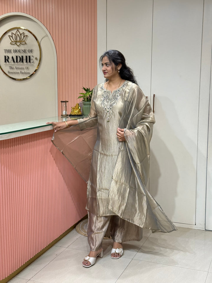 Premium Shimmer Crush Tissue Fabric with Handwork 𝗦𝘂𝗶𝘁 𝗔𝗿𝗿𝗶𝘃𝗲𝗱 ( Cotton Lining )| R228
