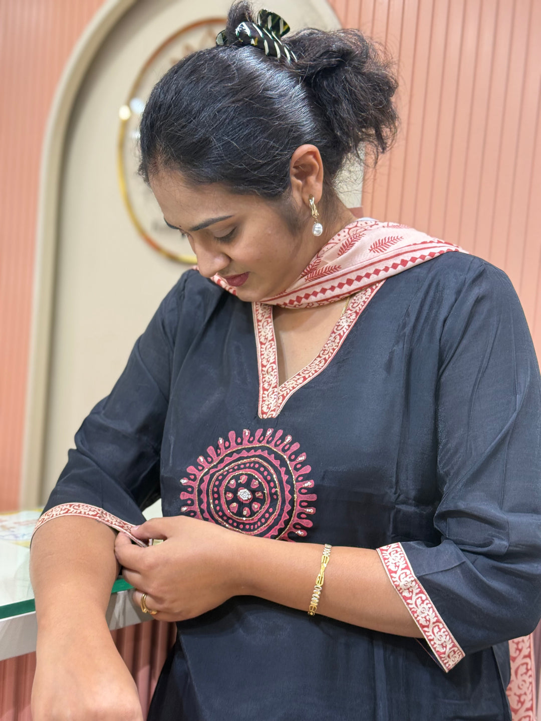 ROMAN SILK WOMEN  3 PCS SUIT SET WITH AJRAKH PRINTED DUPATTA