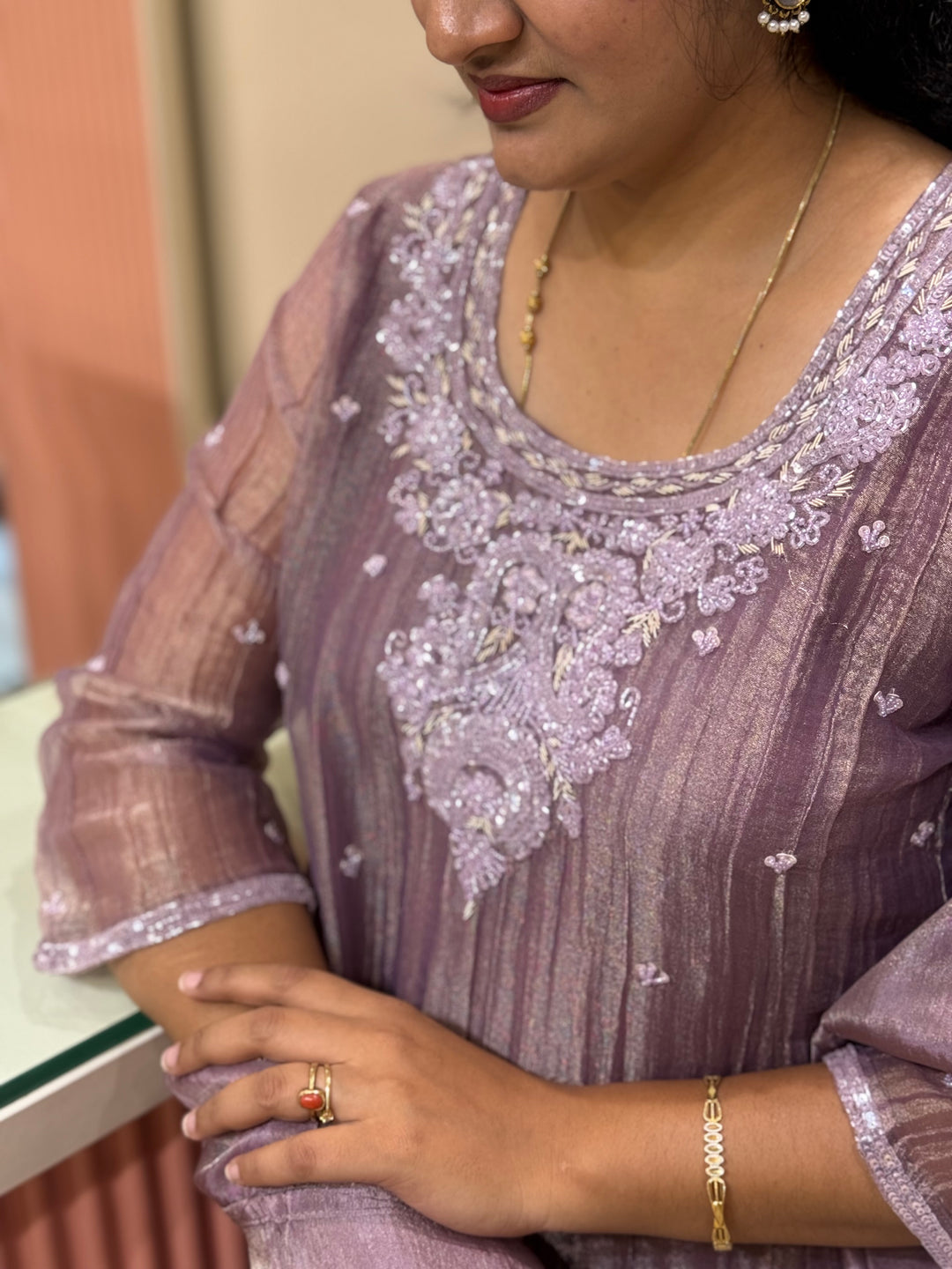 Shimmer Crush Tissue Fabric (salsa) with Handwork 𝗦𝘂𝗶𝘁 𝗔𝗿𝗿𝗶𝘃𝗲𝗱 | R148