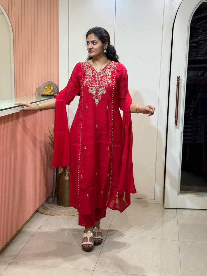 S Mul Chanderi 3 Pc Kurta Set | Semi Party Wear (New Arrivals )| R116