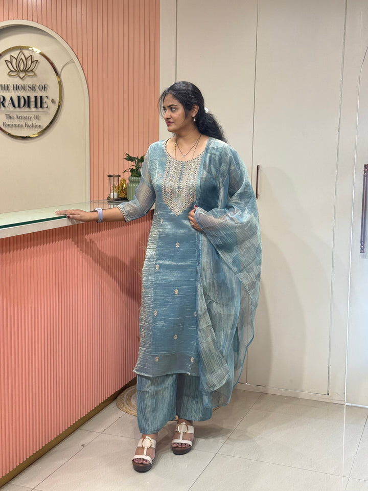 Shimmer Crush Tissue Fabric (salsa) with Handwork 𝗦𝘂𝗶𝘁 𝗔𝗿𝗿𝗶𝘃𝗲𝗱 | R148