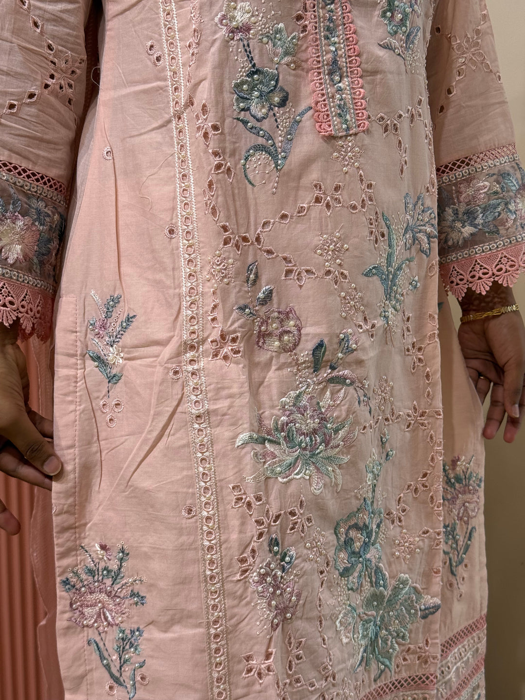 Premium Designer Schiffli 3-Piece Set with Kota Doria Dupatta | R221