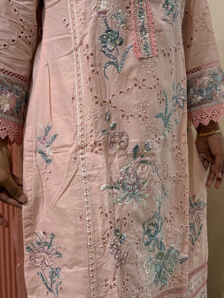 Premium Designer Schiffli 3-Piece Set with Kota Doria Dupatta | R221